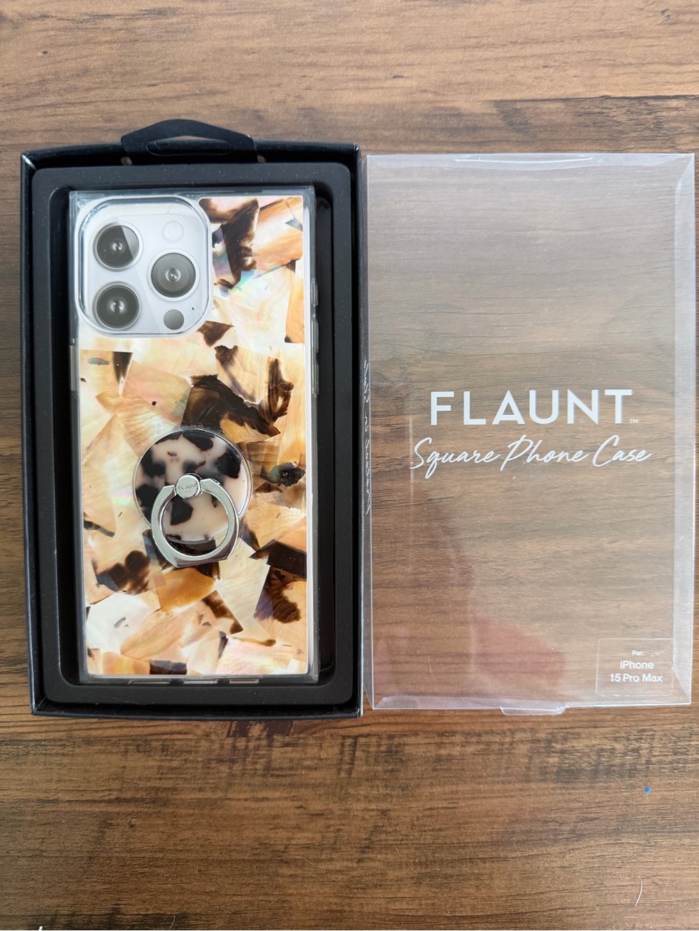 Flaunt Square Phone Case with Ring Holder for iPhone 15 Pro Max - Tortoise Shell